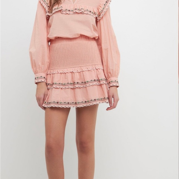 Floral Embroidered Smocked Mini Skirt 100% Cotton Dusty Pink Medium Western Boho - Picture 2 of 7